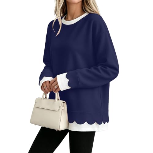 Crew Neck Sweatshirts Women Cute Y2k 2 in 1 Oversized Scalloped Sweatshirt - image 2