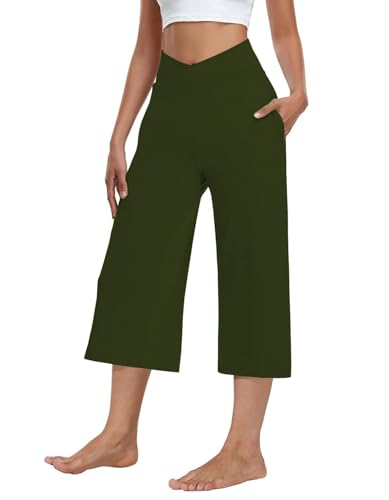 Image of Kivdol 3 Pack Womens Wide Leg Yoga Capris Crossover High Waist Casual Capri Pants Loose Soft Pajama Pockets Sweatpants