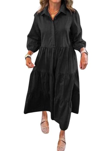 Image of chouyatou Women's Loose Fit Puff Sleeve Maxi Tiered Babydoll Dress V-Neck Cotton Long Button Down Dress