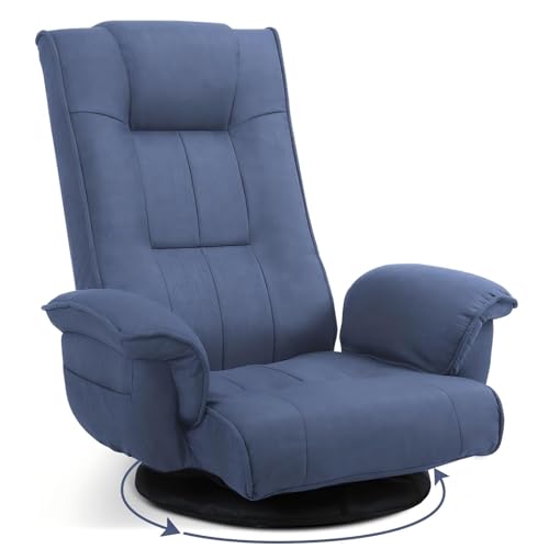Image of Ergonomic Swivel Floor Gaming Chair with Armrests & Side Pockets, 6-Position Reclining Sofa Bed, Foldable Padded Lounger with Thick Cushion & Lumbar Support for Esports, Reading, TV Watching, Blue