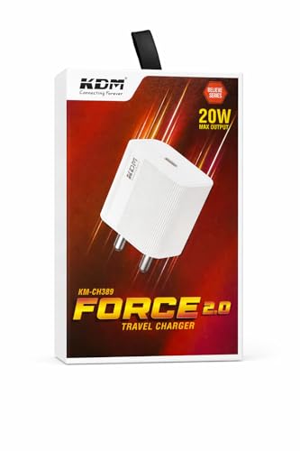 Image of KDM Force 2.0 20W Type-C Fast Charger with Type-C Cable, 9S Protection, Portable, Made in India