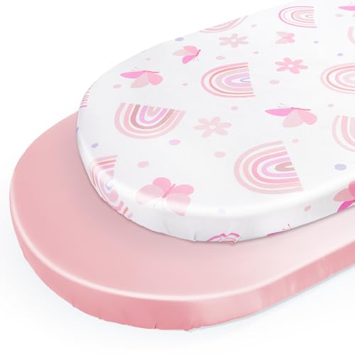 Unicorn Castle Satin Bassinet Sheets Baby 2 Pack Soft for Baby Hair Skin Fitted Bedside Bassinet Sheets for Newborn for Oval Rectangle Hourglass Bassinet Mattress White Butterfly- Pink