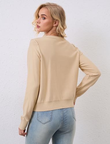 Image of Women's Button Down Crew Neck Cardigan Soft Classic Long Sleeve Knitted Sweater Casual Solid Knit Tops 2024 Trendy Fashion Fall Outfits Clothes - Apricot M