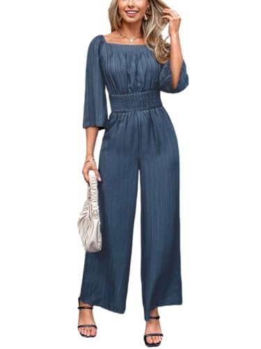 CUPSHE Damen Jumpsuit Quadratischer Ausschnitt 3/4 Ärmel Overall Weites Bein Strampler Gesmokte Taille Playsuit Sommer Hosenanzug