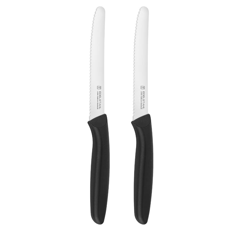 targizer Tomato Knife Black Kitchen Knives Set of 2 Stainless Steel Sharp Serrated Edge Dinner Knives Small Utility Knife of Cutting Tamatoes Vegetables Fruit Dishwasher-Safe Rustproof