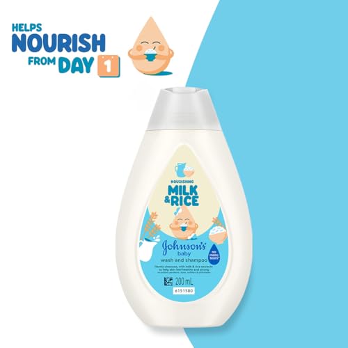 Image of Johnson's Baby Nourishing Milk & Rice Wash & Shampoo 200 ml | 2‑in‑1 Gentle Cleanser for Newborn Hair & Skin | All Skin Types Including Sensitive Skin | With Milk Protein, Rice Extracts & Multivitamin Complex | No More Tears Formula | No Added Parabens, Dyes, Sulphates & Pthalates | Hypoallergenic & PH Based Formula
