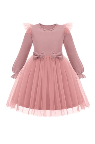 Image of Arshiner Toddler Girls Tulle Dresses with Bow Tie Fall Winter Long Sleeve Formal Party Dress 1-7 Y