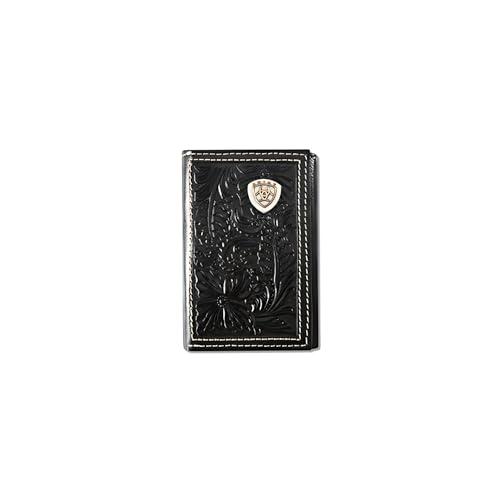 ARIAT Men's Floral Embossed Shield Concho Leather Trifold Wallet