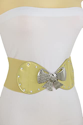 Women Gold Elastic Fashion Belt - Wide Band Hip Waist Silver Metal Bow Tie Ribbon Buckle S M4