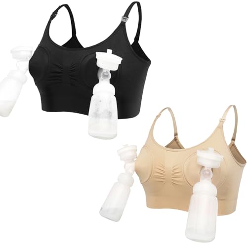 QKAIFRYSUG 2 Pack Nursing Bras for Breastfeeding Hands Free Pumping Bra Comfort Adjustable Wireless Pregnancy Sleep Bralette for Women Black&Nude Medium