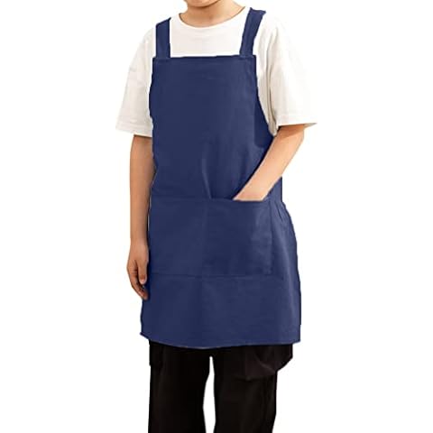 Kids Cotton Cross Back Aprons Children Chef Pure Child Apron with 2 Pockets for Baking Painting Cooking (Navy, One Size) Cover