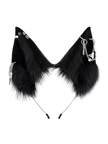 QinRuan Cat Ear HairBand Faux Fur Animal Ears Metal Chain Punk Dark Cosplay Custume Gothic Style Headwear