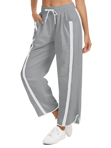 TWQTWQ Women's Wide Leg Track Pants Baggy Drawstring High Rise Side Striped Casual Lightweight Parachute Pants with Pockets(Grey,Small)