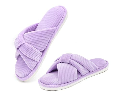 Memory Foam House Slippes for Woman, Comfy Open Toe Women's Bedroom House Shoes, Cross Band Slippers with Bow for Indoor and Outdoor, Gift for Women Ladies and Girls Purple Size 5-6