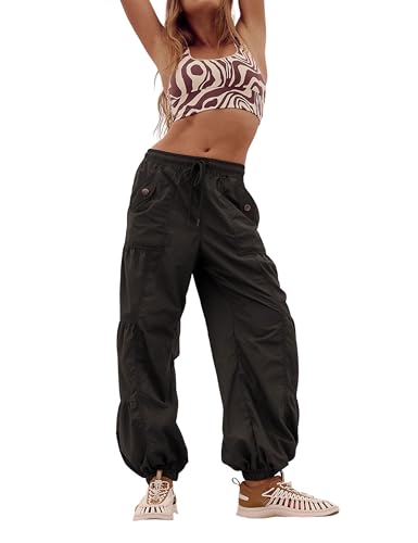 Bankeng Parachute Pants for Women Cargo Pants with Pockets Elastic Waist Drawstring Baggy Hiking Pants(Black,XS)
