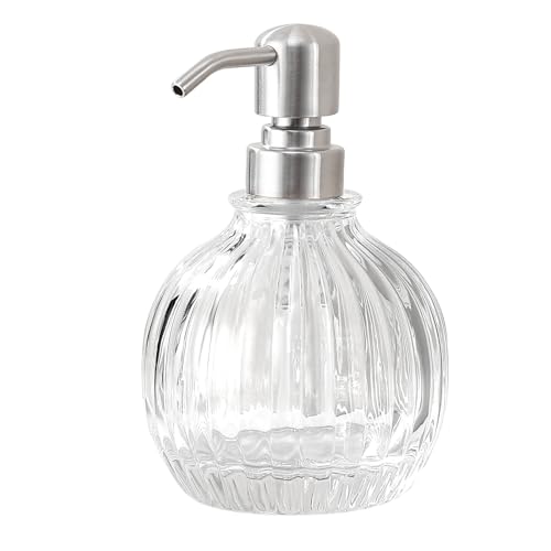 Image of Round Bathroom Soap Dispenser Brushed Nickel Pump, Glass Bottle with Stainless Steel Pump Liquid Soap Dispenser Sphere Countertop Hand Kitchen