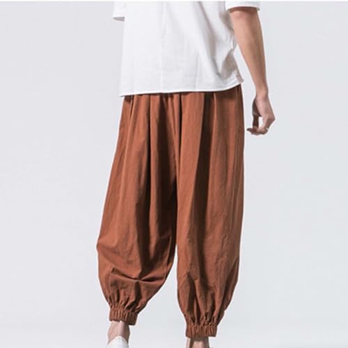 Mens Casual Cotton Linen Pants Bound Feet Drawstring Solid Loose Elastic Waist Lightweight Trouser Hippie Beach Pants3