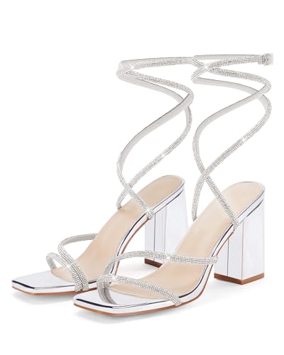 Coutgo Womens Lace Up Chunky Heels Rhinestone Sandals Square Open Toe High Block Heeled Wedding Dress Shoes3