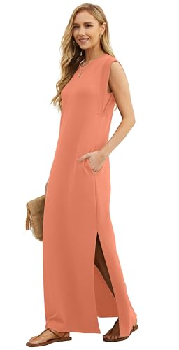 Image of GRECERELLE 2026 Women Year-Round Casual Round Neck Loose Split Wrinkle-Free Long Maxi Vacation Dress with Pockets (XXS-4XL)