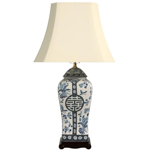 ORIENTAL FURNITURE Table Lamp, Wood, Porcelain, Floral Blue & White