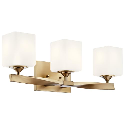 Image of Kichler Marette 23 inch 3-Light Bathroom Vanity Light Fixture with Satin Etched Cased Opal Glass in Champagne Bronze for Bathroom and Powder Room (23 inch x 8.25 inch x 6 inch), 55002CPZ