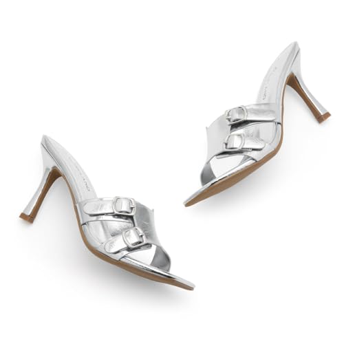 Image of Shoe Land Melrose Women's High Heels Stiletto Heeled Slides, Square Open Toe One Band Slip-On Heeled Mules - Dressy Clear Heeled Sandals for Prom Party Wedding and Vacation