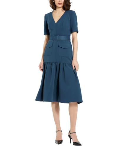 Mac Duggal Womens Crepe Midi Dress with Belt, 8 Deep Blue
