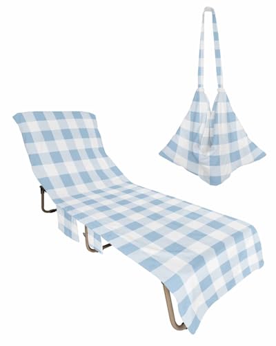 Buffalo Plaid Blue Beach Chair Towel Covers for Chaise Lounge with Side Pocket, Soft Plush Pool Towels Cover for Patio Sunbathing Outdoor 29''x85'' Country French Simple White Lattice