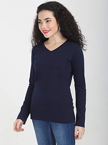 Image of FLEXIMAA Women's Cotton Plain V Neck Full Sleeve T-Shirt