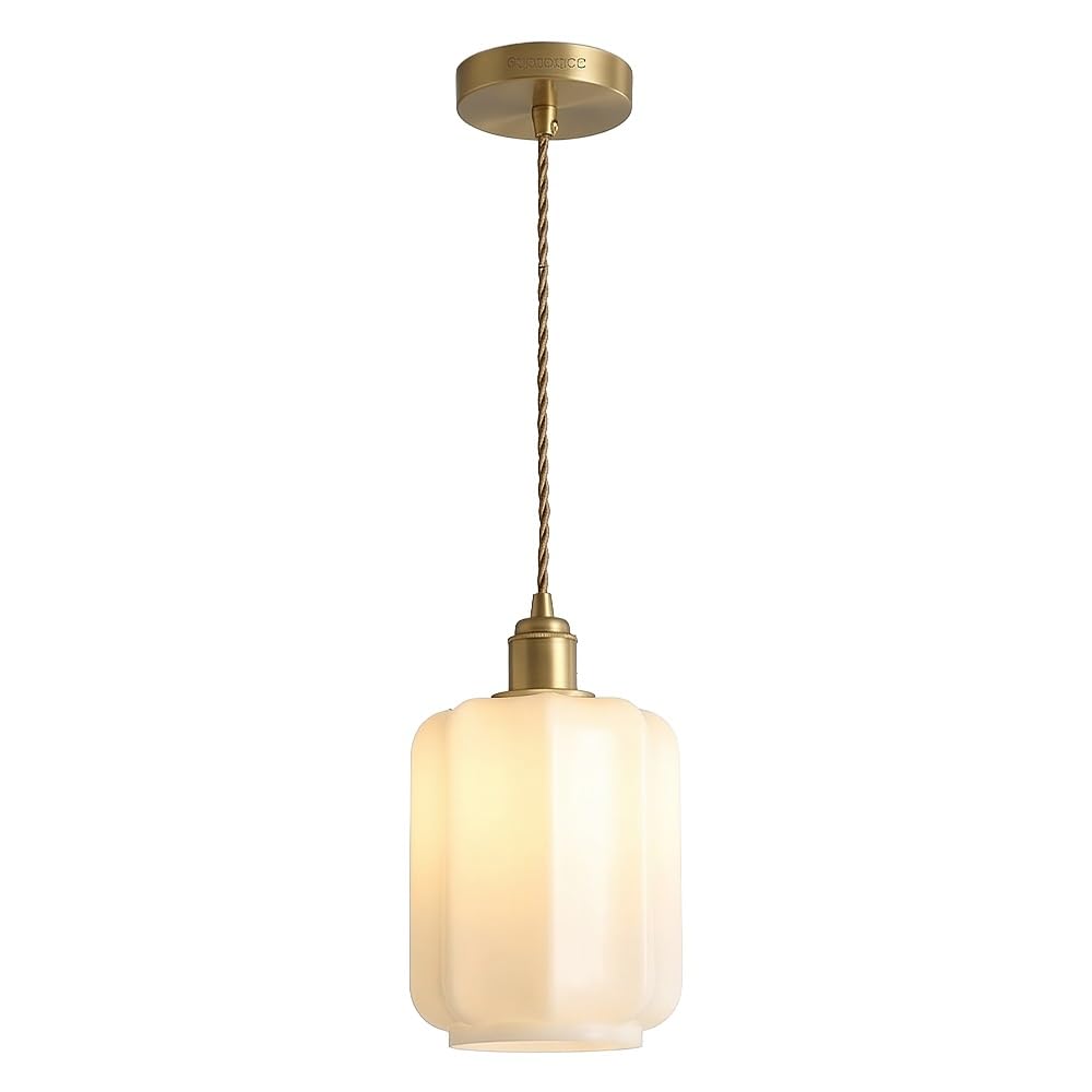 ITOSUI White Milk Glass Pendant Lighting, Ribbed Cylinder Hanging Lamp for Kitchen Island, Art Deco Brass Chandelier for Bedroom, Modern Pleated Glass Light Fixture