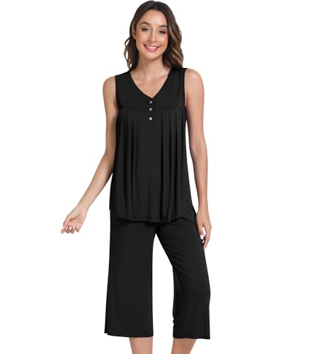 Image of NACHILA Pajamas for Women-Viscose Made from Bamboo, Sleeveless Pjs Top with Capri Pants Pajama Set Cool Pleated Sleepwear