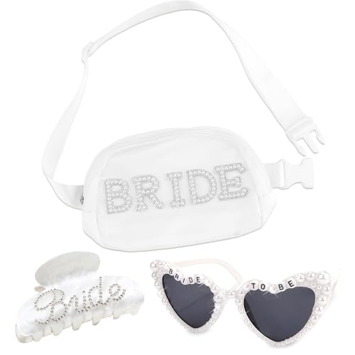 KICOSY 3 Pcs Bridal Accessory Kit: Pearl Bride Bag Heart Sunglasses & Rhinestone Bride Claw Clips - For Bachelorette Bridal Shower & Wedding Honeymoon Day