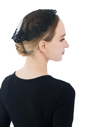 Wgior Catholic Church Small Circle Round Head Covering Floral Lace Mantilla Chapel Cap Veil Latin Mass Veils for Women Girls (Black) - Thumbnail 6