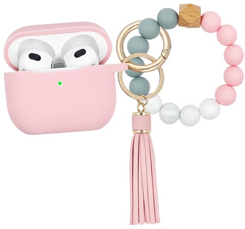 Coque AirPods 3 rose avec mousqueton et cordon perlé pour écouteurs Apple