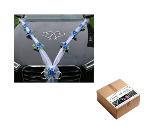 Rubans en organza voiture mariage bleu clair blanc et décoration cœurs en rotin pour mariés