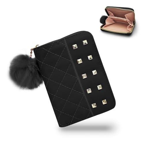 FuninCrea Small Wallets Woman, PU Leather Womens Wallet Coin Purse Portable Fashionable Credit Card Holder Small Cute Purse Slim Wallet with Zipper & Plush Ball Coin Bag for Change Key (Black)