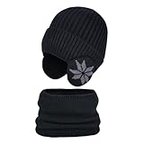 [ZVCXOE] ニット帽 子供 秋冬 帽子 マフラー 耳あてキッズ ネックウォーマー 2点セット 4～10歳 ニットキャップ あったか 防風防寒 保温 裏起毛 柔らか 伸縮性 登山 自転車 スキー 小学生 男女兼用 頭囲48-54 CMに適用 ブラック