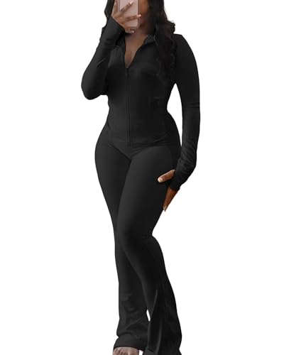 Womens Workout Sets Casual Outfits Cropped Jacket High Waisted Bell Bottom Pant Sweatsuits Fashion Tracksuit Black XL