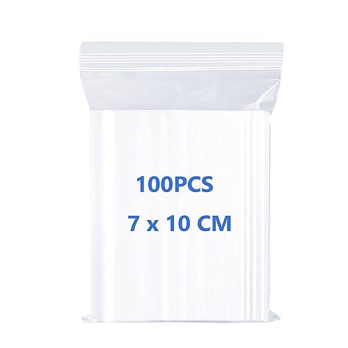 RFWIN 100 Druckverschlussbeutel, wiederverschließbar, mit Reißverschluss, 7 x 10 cm, kleine Plastiktüten, transparent, wiederverwendbar, mit Reißverschluss für Perlen, Schmuck, Snacks, Samen, Münzen