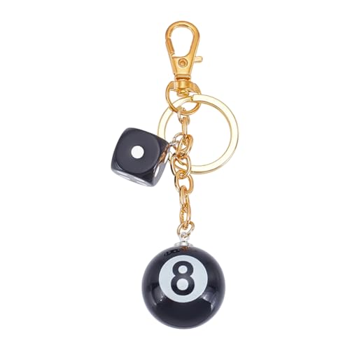 CRAFTYMELODY 1 llavero de 8 bolas de resina negra, bola de billar dados con anillos de aleación, cierres de mosquetones giratorios, amuleto de la felicidad No. 8 bolas colgantes Accesorios