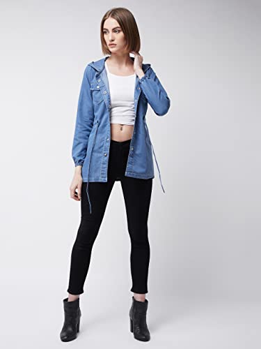 Image of Miss Chase Women's Polo Neck Full Sleeves Patch Pocket Denim Overcoat Knee-Length Jacket