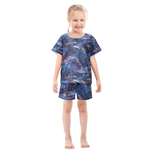 ALAZA Starry Whale Galaxy Nebula Pajamas Set Short Sleeve Cotton Sleepwear Summer Pjs 2 Piece 5-14Y3