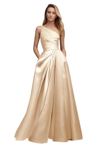 Women's Sleeveless One Shoulder Formal Gown for Wedding Party Unique A-Line Evening Dress with Pockets Pleated Satin Bridesmaid Dresses Champagne 18 Plus Size DR0922