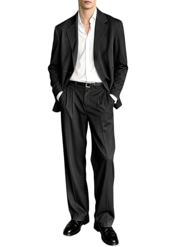 Men Relaxed Fit 2 Piece Suit Casual Blazer Wide Leg Pants Black 2XL