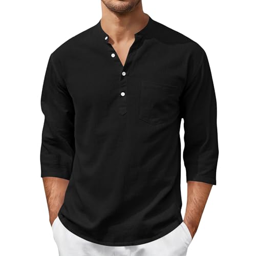 2XL Cotton Linen Henley Shirts Men Hippie Tops 3/4 Sleeve V Neck Collarless Casual Beach T Shirt Wrinkle Free Lightweight Vacation Casual Summer Tropical Shirts Yoga Office Scamisa de lino para hombre