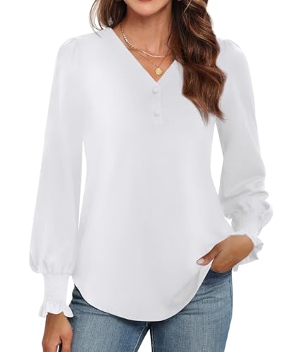 Image of WEACZZY Women's Tops Winter Fashion Puff Long Sleeve Button V Neck Blouses for Women Dressy Casual Loose Tunic Shirts 2025,White,M