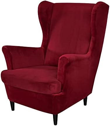 PENDEJATO Wing Chair Slipcovers, 2 Piece Stretch Wingback Chair Cover Soft Velvet Armchair Covers with Elastic Bottom for Living Room Bedroom (Wine red)
