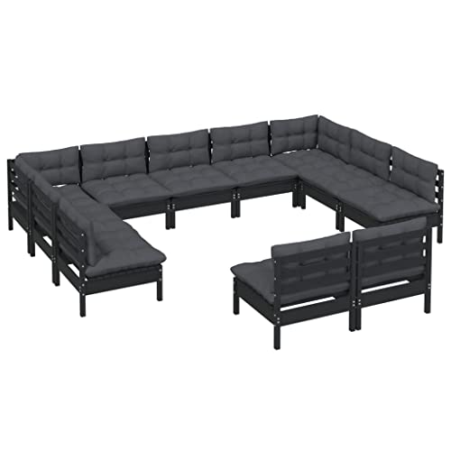 vidaXL Garten Lounge Set 11-TLG., Gartenmöbel Set Sitzgruppe für Garten Terrasse Balkon, Modular Sofa mit Kissen, Garnitur Loungemöbel, Schwarz Kiefer Massivholz