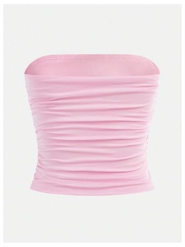 OYOANGLE Girl's Strapless Tube Top Ribbed Knit Ruched Cropped Bandeau Cute Summer Tops2