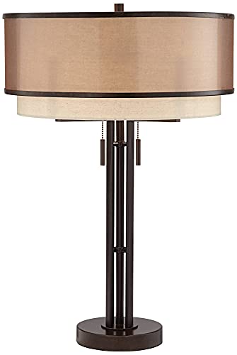 Franklin Iron Works Andes Modern Industrial Table Lamp 27 1/2" Tall Oil Rubbed Bronze Brown Metal Stacked Double Fabric Drum Shade for Bedroom Living Room House Home Bedside Nightstand Office Kids